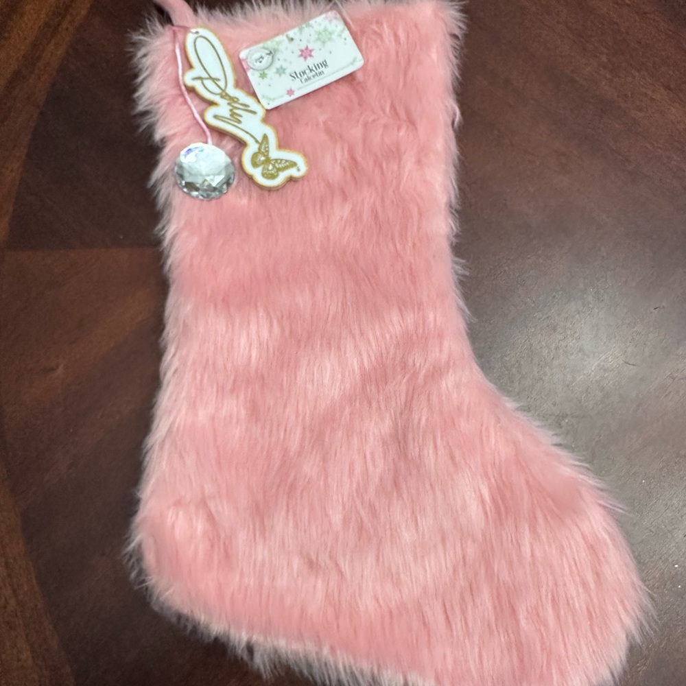 NWT Dolly Parton Pink Faux Fur Christmas Stocking with Signature and Charm